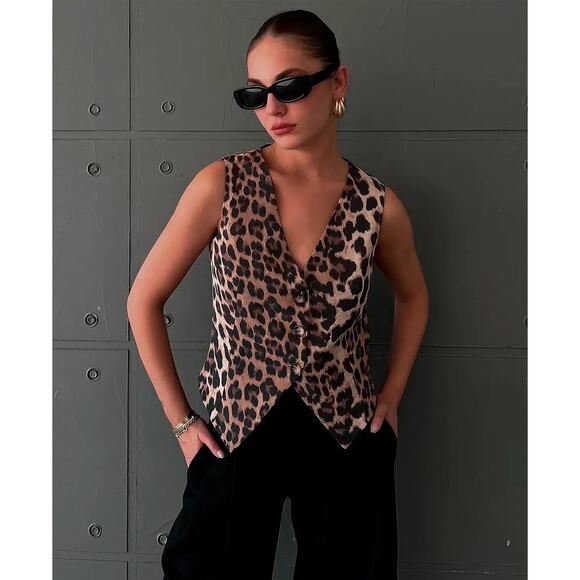 Leopard Print Vest Waist Length Notched VNeck NEW NWT Brown Black 3 Button Lined - Picture 4 of 10